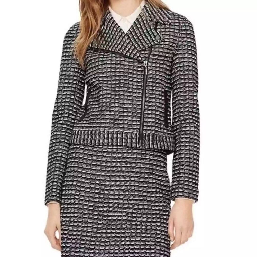 Tory Burch Tweed Moto Jacket Black Knit Zip Front Leather Trim Small Old Money
